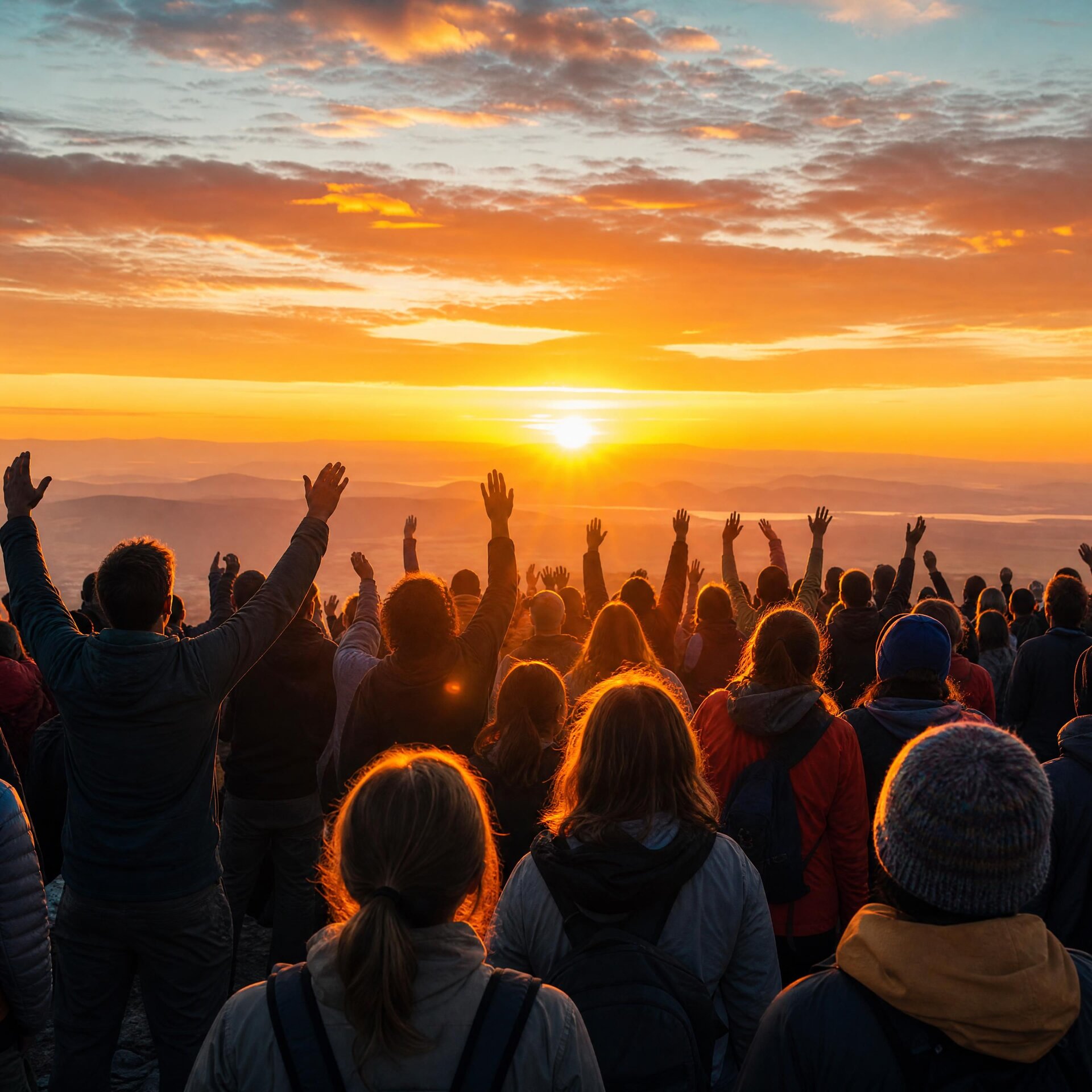 Une foule enthousiaste, bras levés, face au lever du soleil